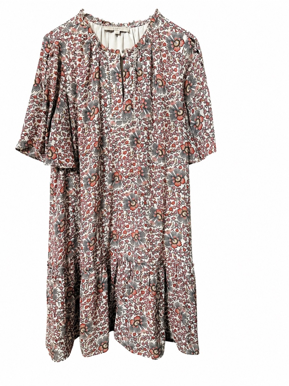 LOFT Floral Boho Dress Size L Dusty Pink  Knee Lenght Peasant Sleeve Cottagecor